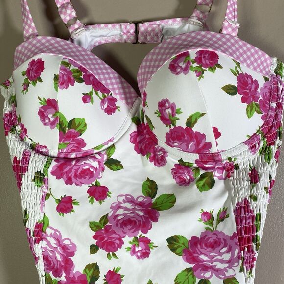 Betsey Johnson Swimsuit Womens Large Pink Floral Smocked Underwire Love Always - Picture 5 of 13
